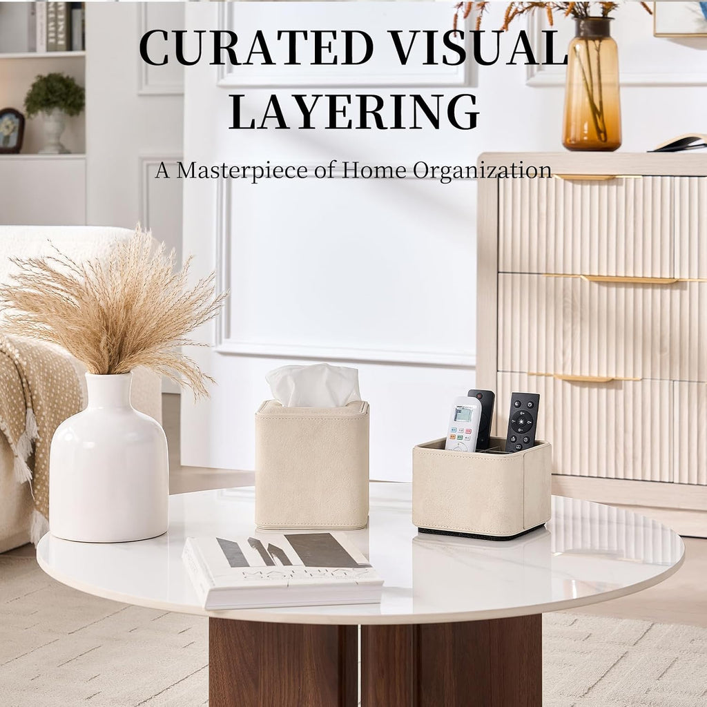 360° Rotating TV Remote Control Holder & Desk Organizer, Travertine-Look PU Leather, 0.421kg Wood Core, Removable Acrylic Divider (Off White)
