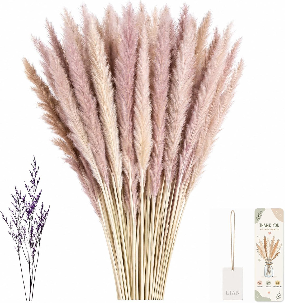 LIAN 100 Pcs Natural Brown Small Pampas Grass, Dried Reeds Bouquet for Home