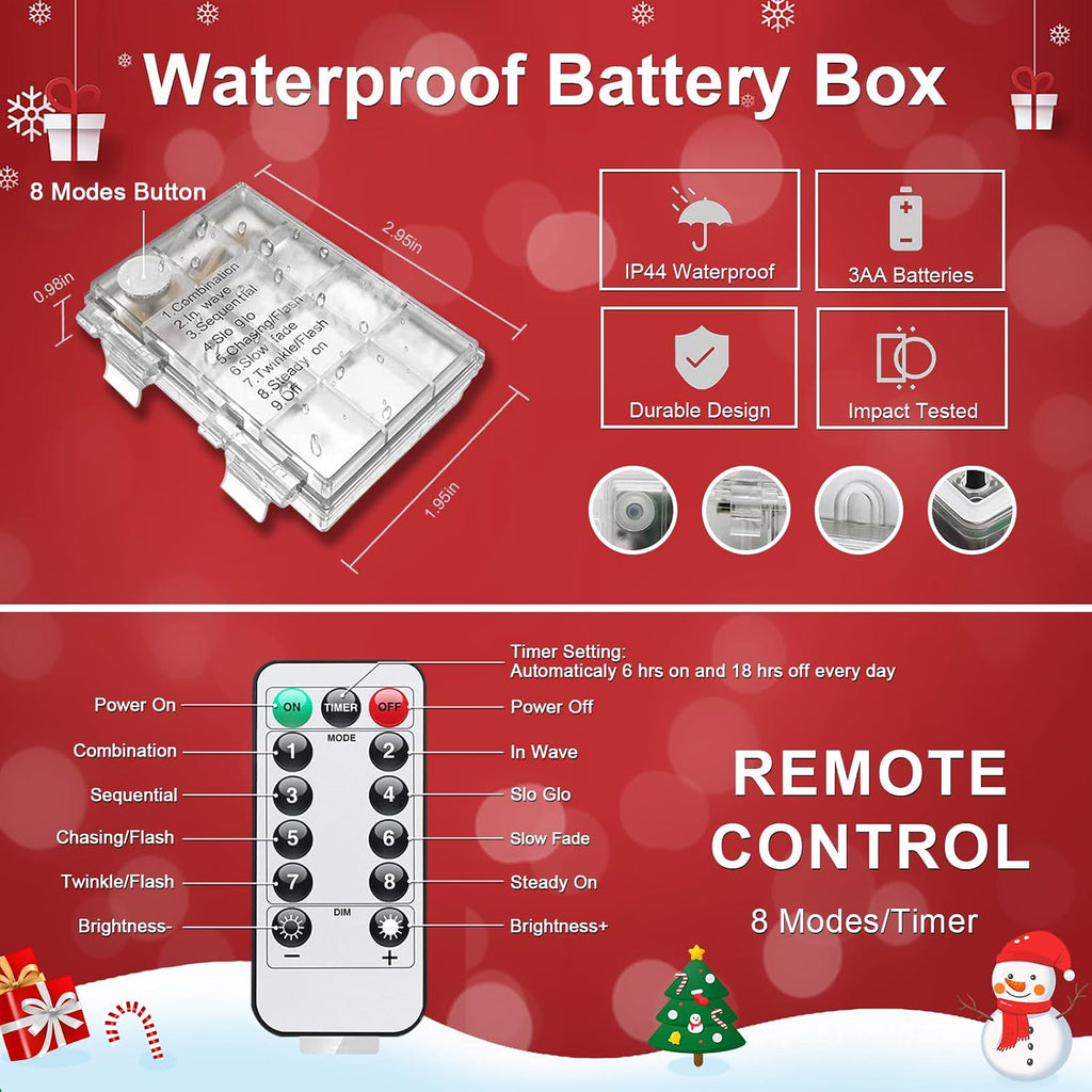 JMEXSUSS 2 Pack Red and White Christmas Lights Battery Operated