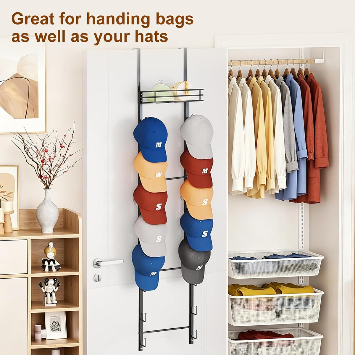 Over The Door Purse Organizer - Wall Mounted Handbag Organizer with 16 Hooks and Metal Basket,Purse Rack for Closet,Bag Rack, Handbag Rack and Hanging Purse Storage for Door,Closet