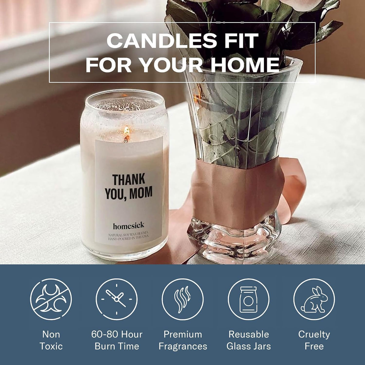 Homesick Thank You Mom Candle – 13.75 oz Scented Candle in Sage Sandalwood Soy Wax Blend, Non-Toxic, 80 Hr Burn with Organic Cotton Wick, Reusable Jar – Best Wedding & Engagement Gifts for Couples