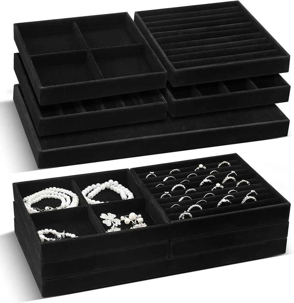 Cinnvoice Set of 10 Stackable Jewelry Organizer Tray for Drawer, Black