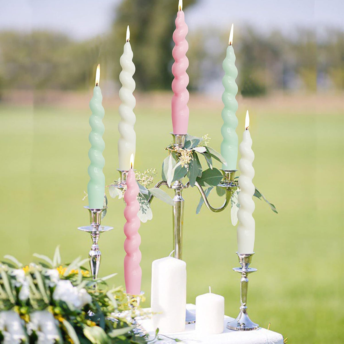 Light Green Spiral Taper Candles Set of 2, 7.5 Inch Unscented for Wedding
