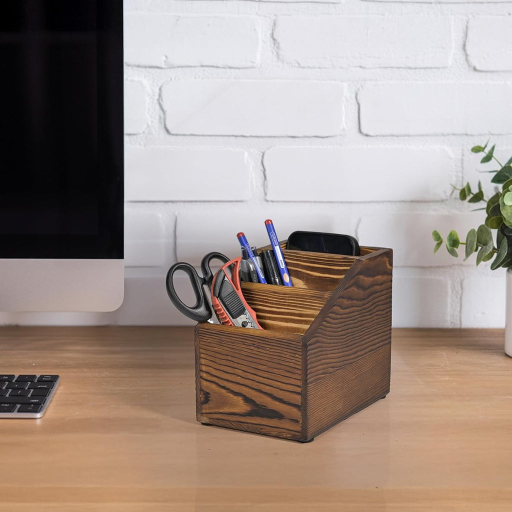 Wooden TV Remote Control Holder, 3-Slot TV Remote Caddy (Brown)