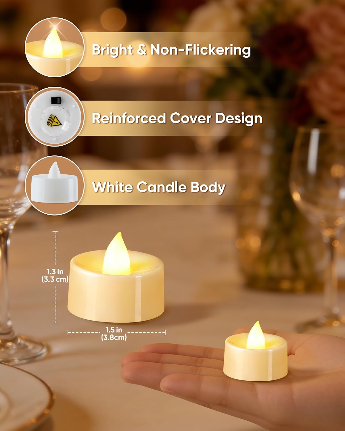 BEICHI Flameless Candles, 50Pack Tea Lights Battery Operated, White Base