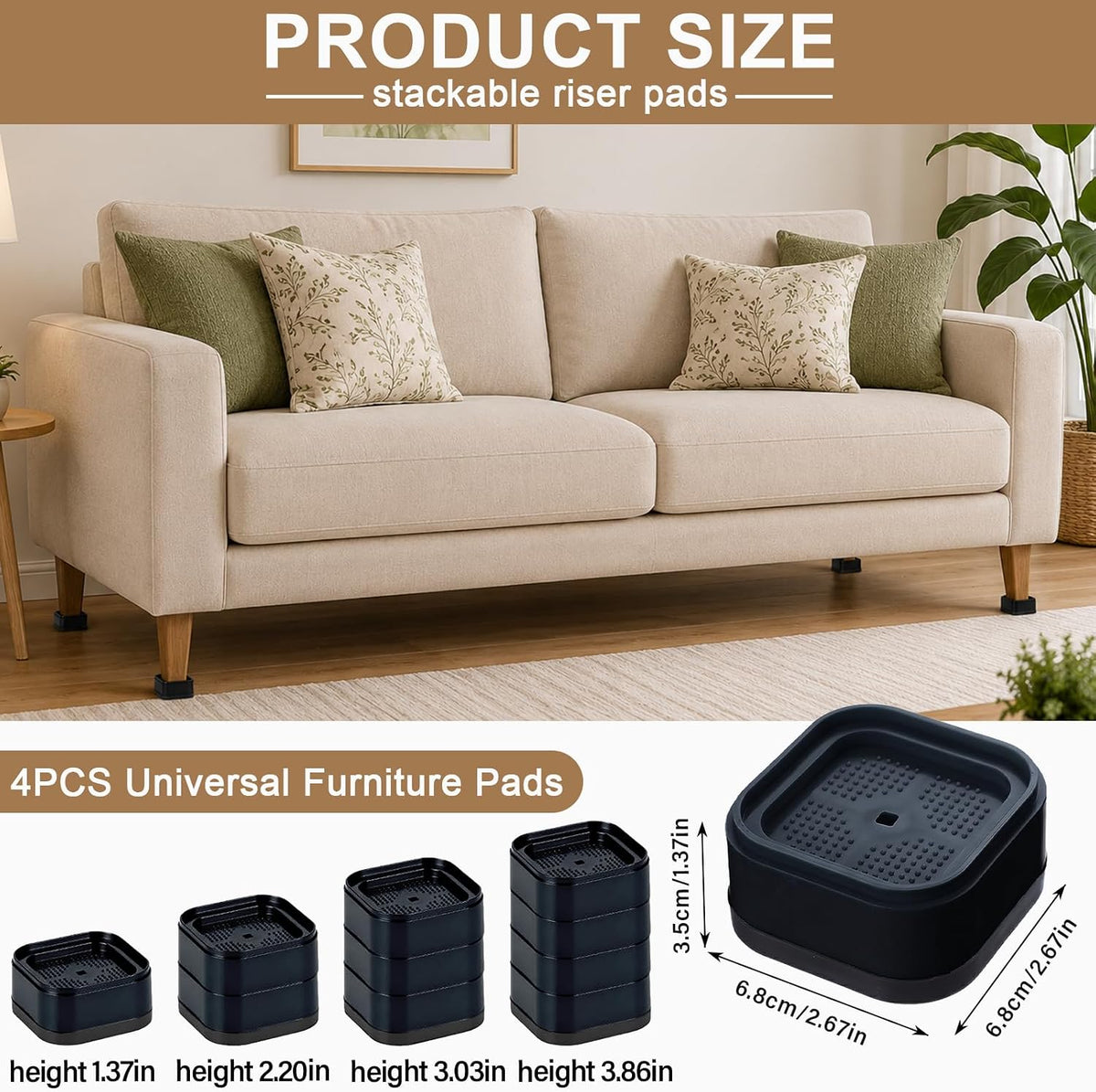 4 Pack Heavy Duty Adjustable Furniture Risers, Stackable Bed Risers Black