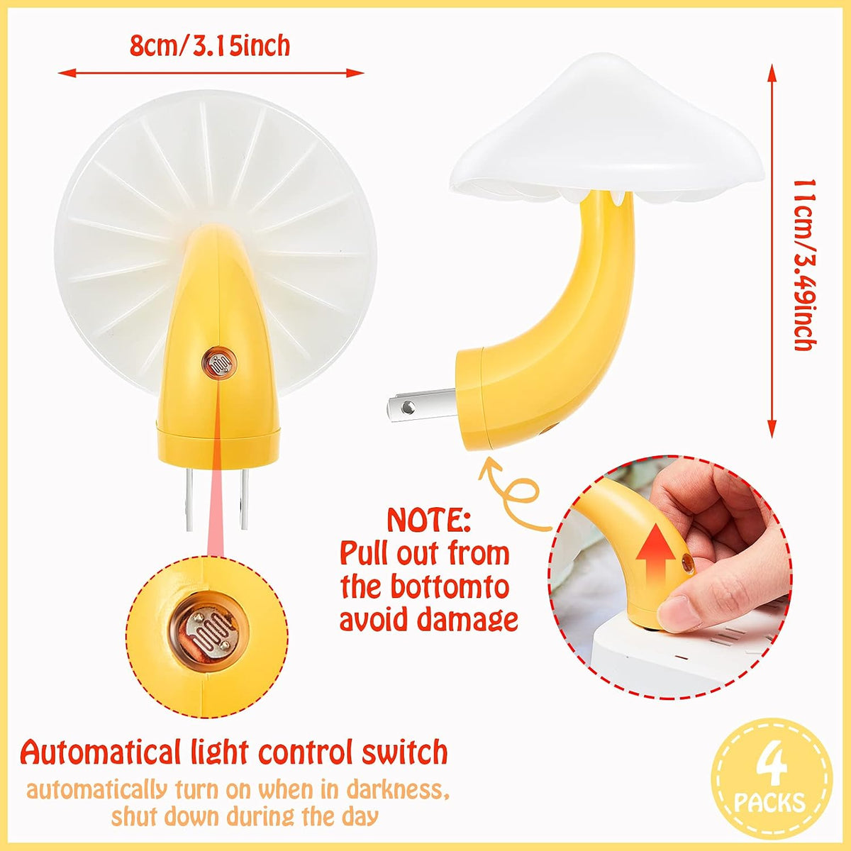 Honoson 4 Pcs Mushroom Night Light Plug in, Yellow Light with White Cover