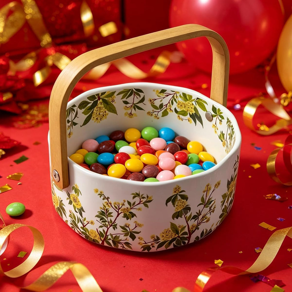 Ceramic Fruit Basket with Detachable Wooden Handle Candy Dish Decorations Ornaments Decorative Bowl for Home Kitchen & Dining Table Office Decor (Osmanthus) 1000ml