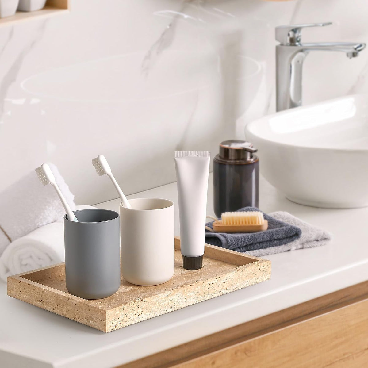 Natural Large Travertine Vanity Tray, Stone Organizer for Bathroom & Decor