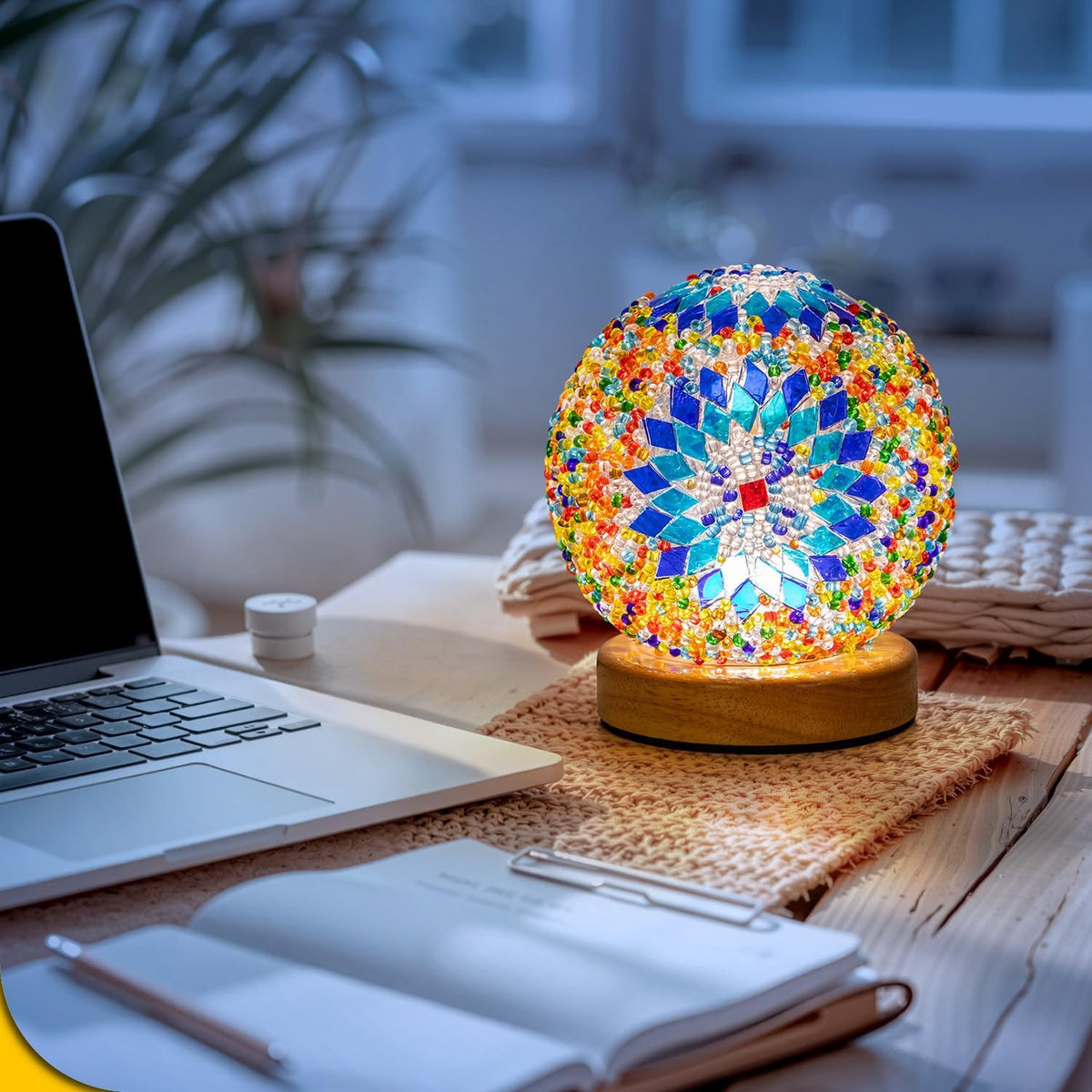 Turkish Mosaic Lamp, 3 Color Temperature Tiffany Bedside Lamp with USB Power, Moroccan Glass Lantern Table Lamp for Living Room Decor, Simple Control (D:4.7" x H:5.2") (Blue1)