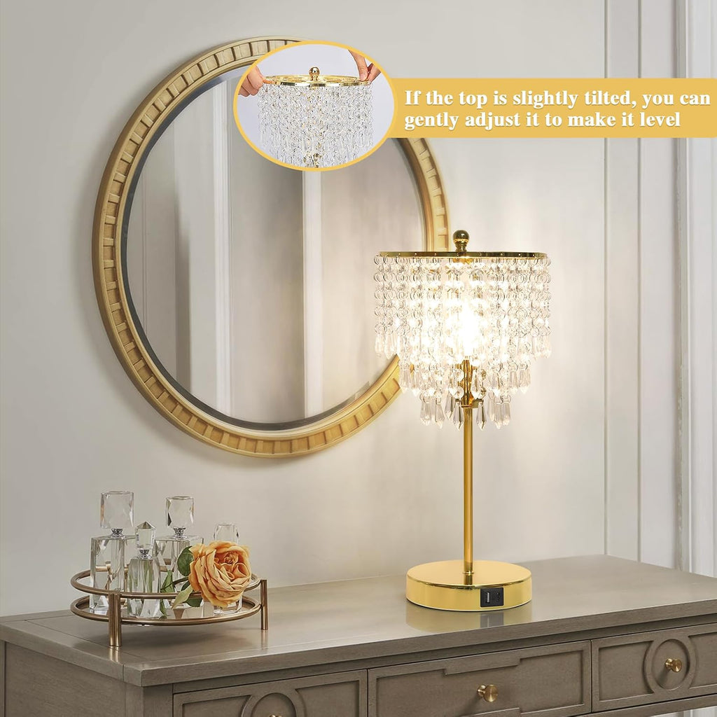 Crystal Table Lamp with USB C+A Ports, 3-Way Dimmable Touch Lamp, Gold Lamp