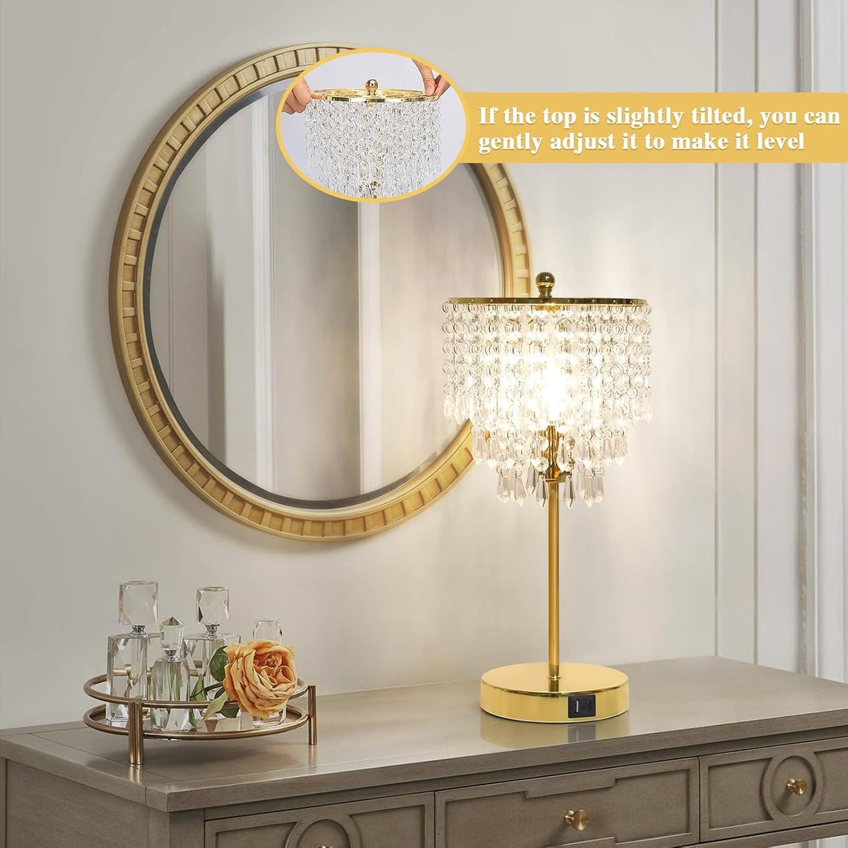 Crystal Table Lamp with USB C+A Ports, 3-Way Dimmable Touch Lamp, Gold Lamp