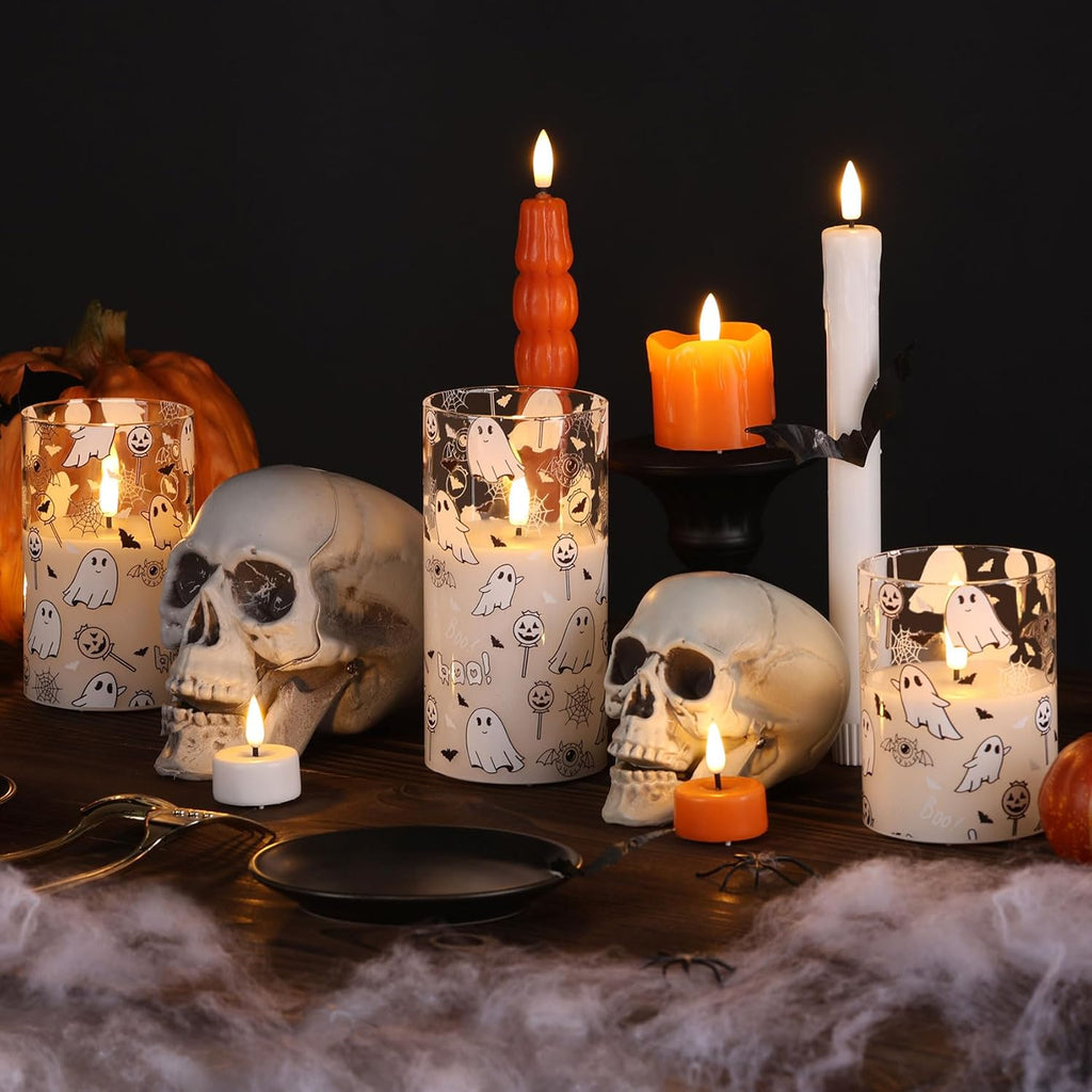 White Ghost Halloween Flameless Pillar Candles with Remote Set of 3