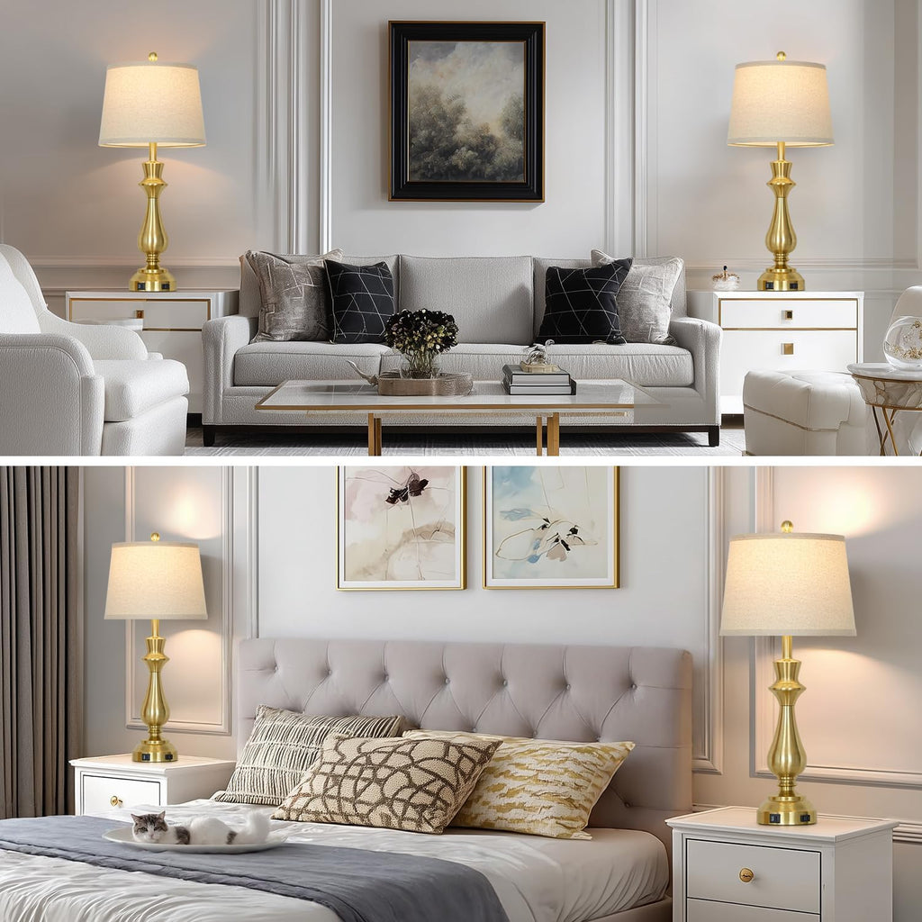 Modern Gold Table Lamps Set of 2 for Living Room,30" Tall Bedside Lamp with USB Charging Port,3-Way Dimmable Touch Nightstand Lamp for Bedroom Desk Side Table Office,Gold