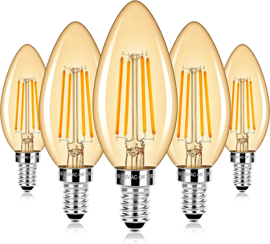 E12 LED Candelabra Bulbs 40 Watt Equivalent, 4W Vintage Candle Light Bulbs Dimmable, 350Lm Amber Warm White 2200K B10 Edison Bulb, Filament Clear Glass Lamp Bulb for Chandelier Ceiling Fan (5 Packs)