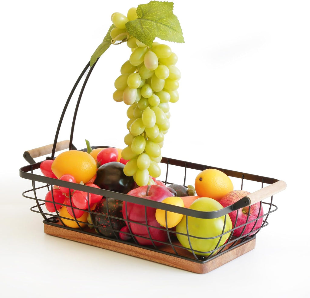 WILDMOS Rectangular Fruit Basket with Banana Hanger,Metal Wire Fruits Bowl with Wooden Base,Kitchen Table Organizer,Black Fruit Bowl for Kitchen Counter,Vegetable Bowls for Fruits, Veggies, Snacks.
