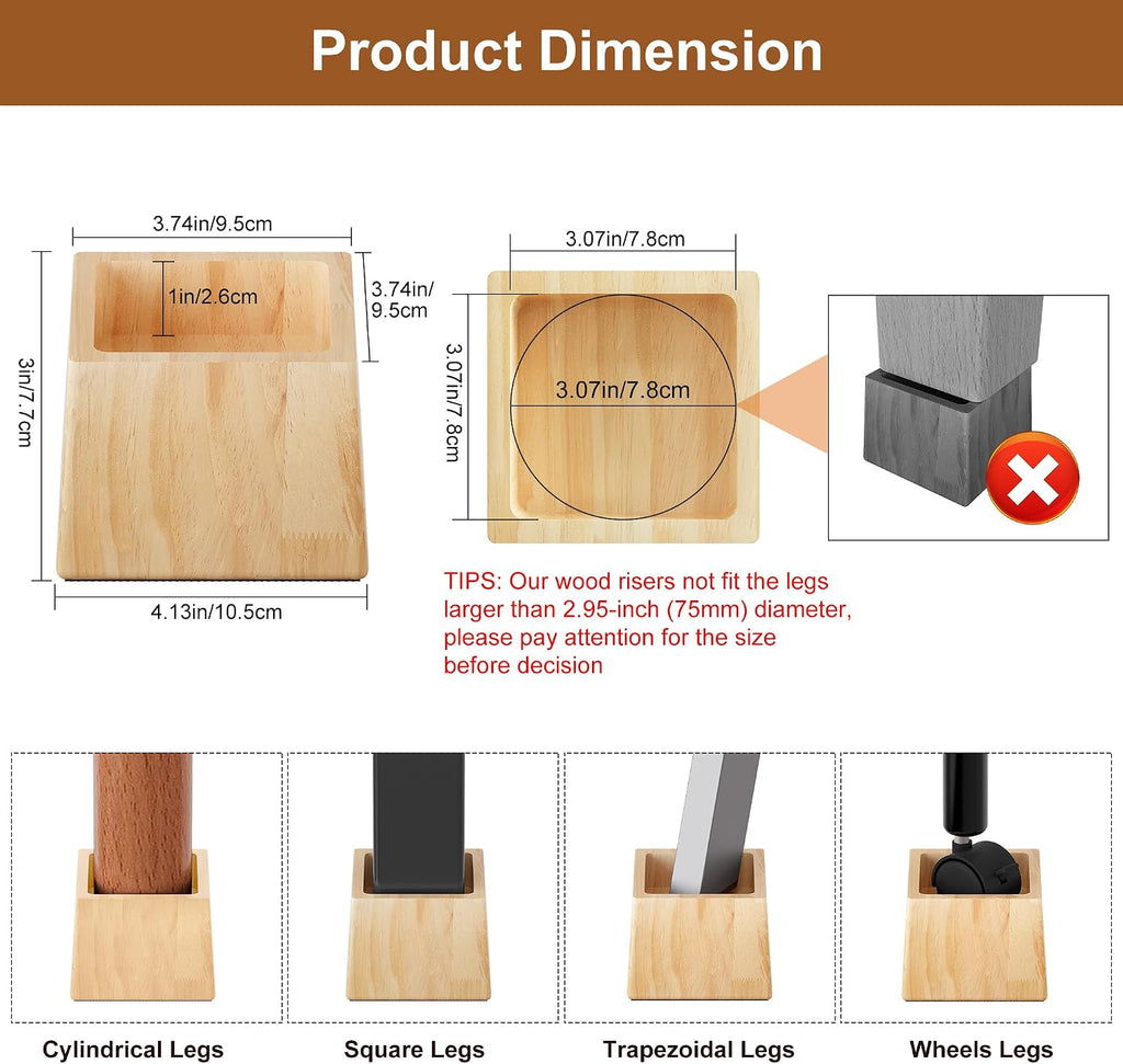TQVAI Bed Risers Heavy Duty, Support 2200 lbs, 1-in Deep Anti-Fall Edge, 4 Pack Wooden Furniture Bed Lifts Risers with Non-Slip Pads for King Queen Twin Full Size Frame, Original, 3" H(Inner 2" H)