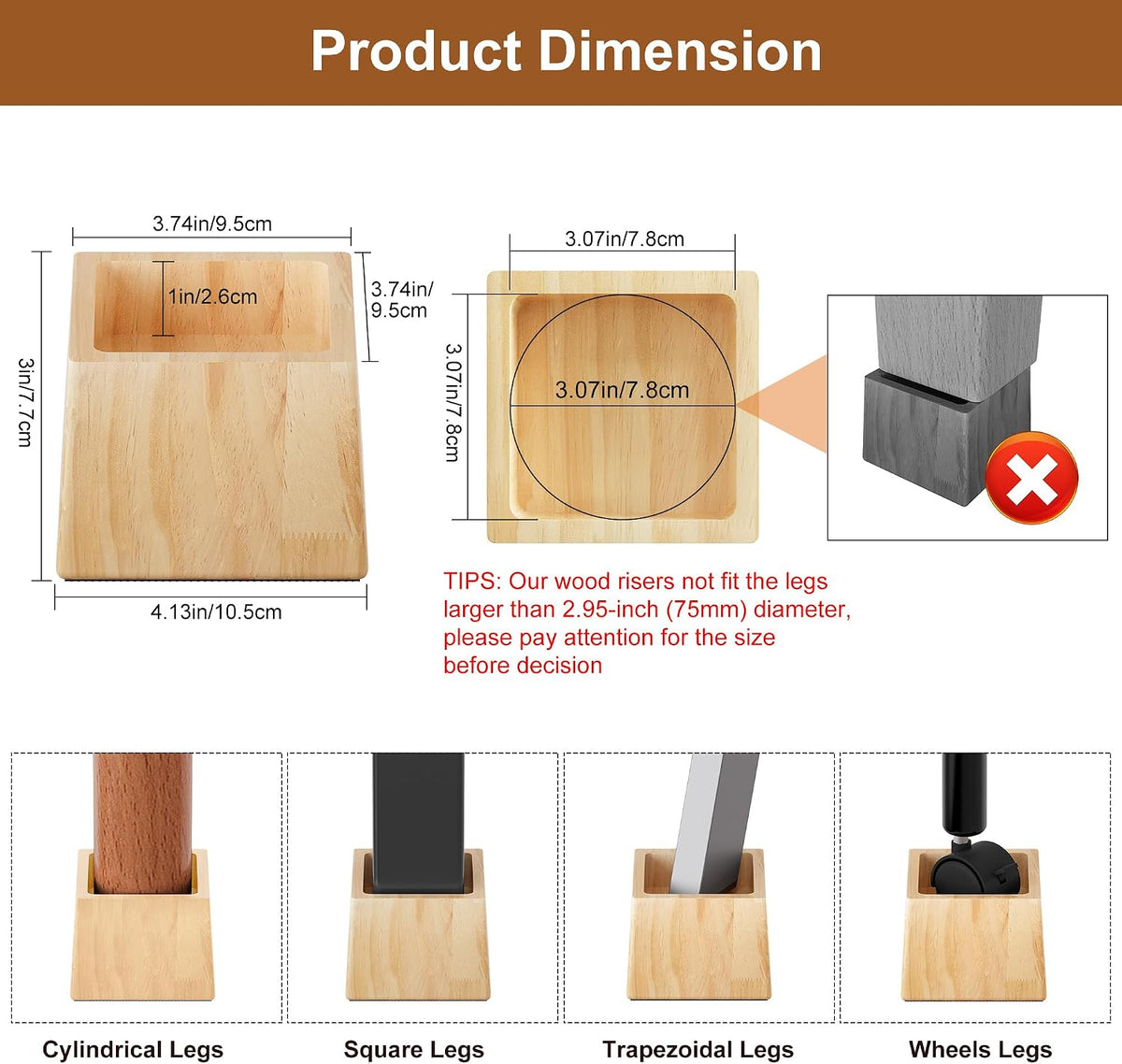 TQVAI Bed Risers Heavy Duty, Support 2200 lbs, 1-in Deep Anti-Fall Edge, 4 Pack Wooden Furniture Bed Lifts Risers with Non-Slip Pads for King Queen Twin Full Size Frame, Original, 3" H(Inner 2" H)