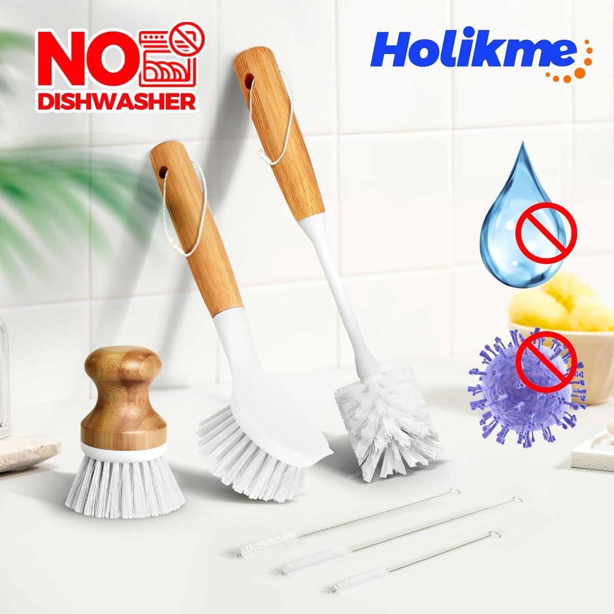 Holikme 6 Pack Dish Brush with Bottle Brush Scrub Brush Straw,Blanco