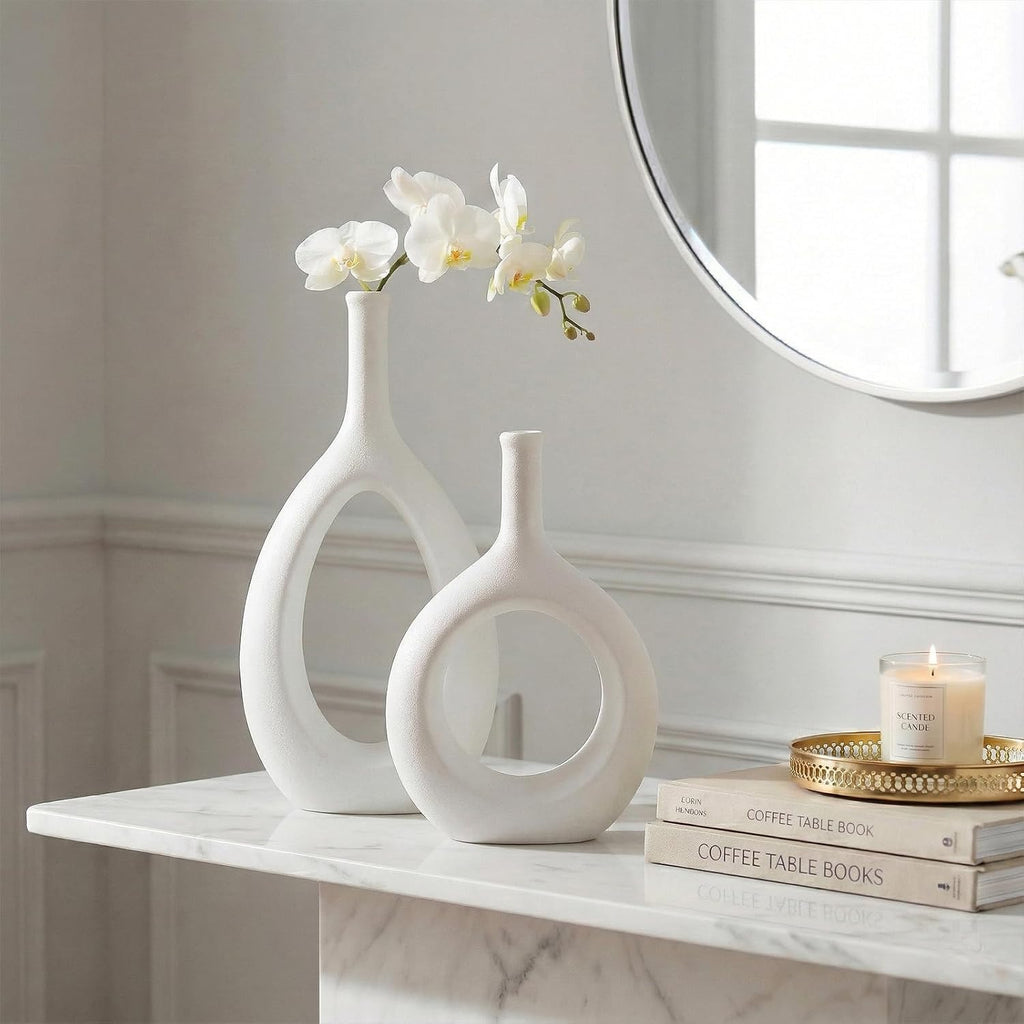 White Ceramic Hollow Elliptical Vase Set of 2 - Boho Circle Vase with Hole, for Modern White Table Decor, Living Room Decor Shelf mid Century Modern Home Entrance Decorative vase