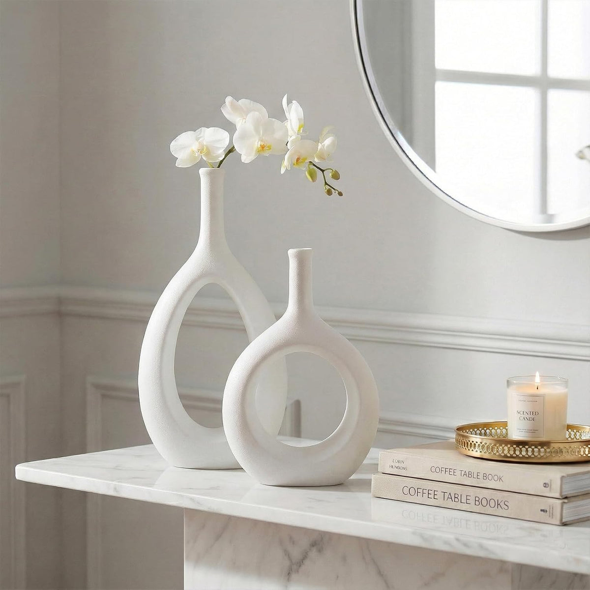 White Ceramic Hollow Elliptical Vase Set of 2 - Boho Circle Vase with Hole, for Modern White Table Decor, Living Room Decor Shelf mid Century Modern Home Entrance Decorative vase