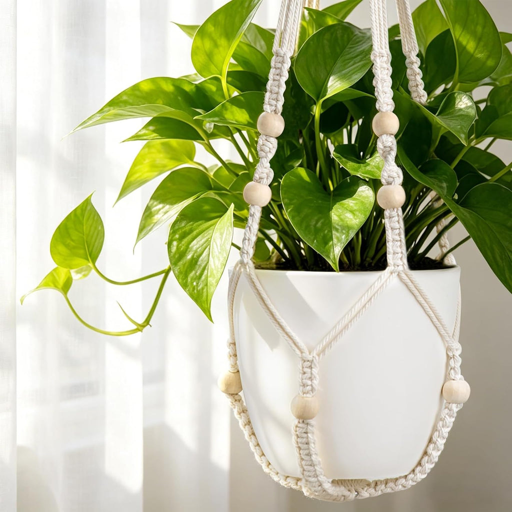 Mkono Macrame Plant Hanger Indoor, 29 Inch Hanging Planter Holder Ivory