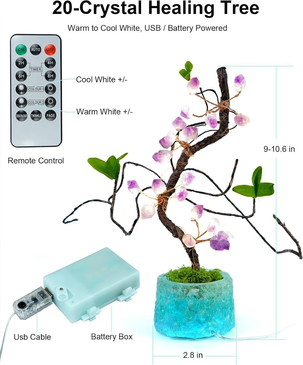 10.6" Crystal Tree of Life Night Light with Remote USB Battery Powered