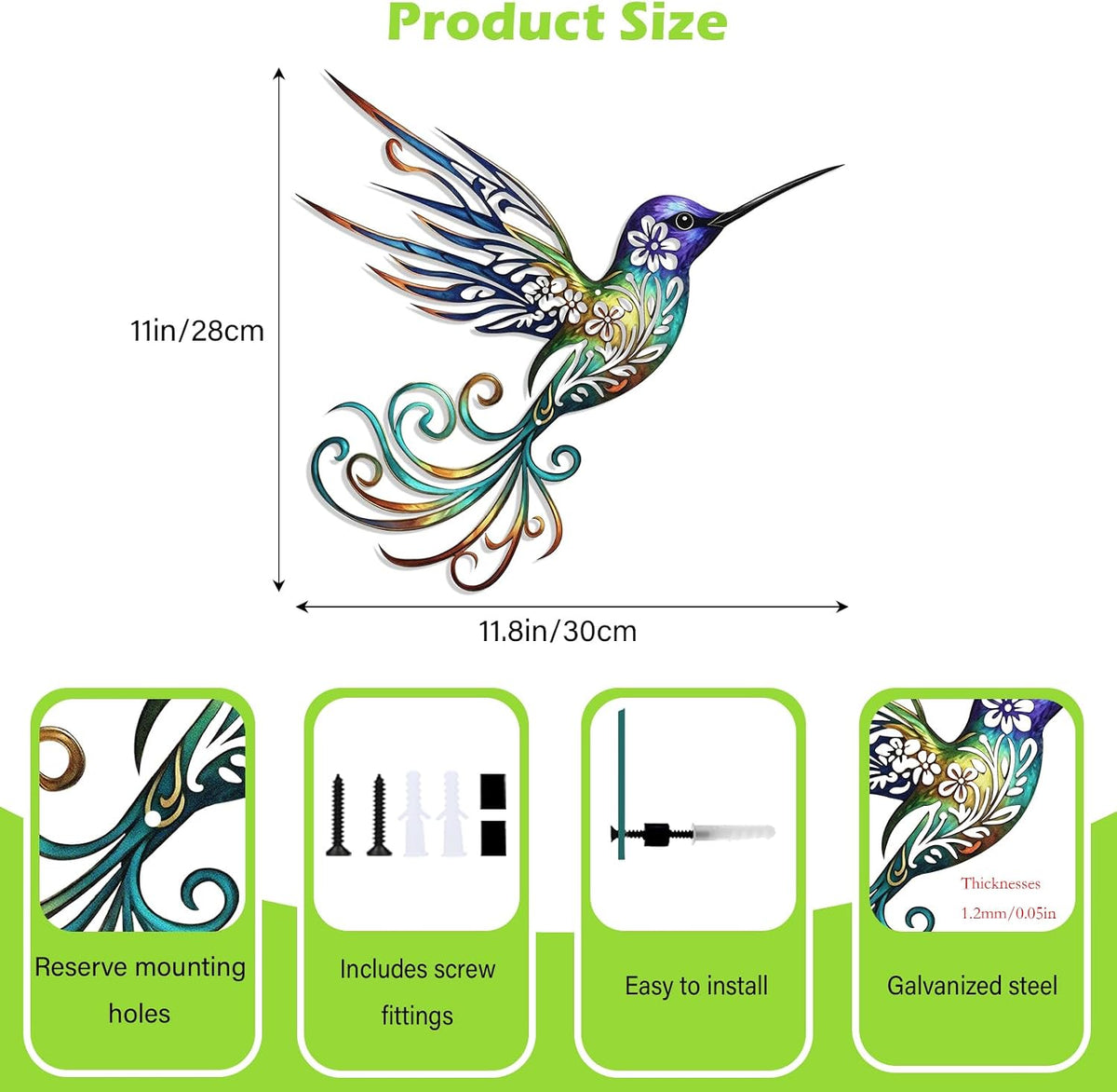 Harikikochuu Metal Hummingbird Wall Decor - Abstract Hummingbird Outdoor Wall Art Metal Bird Wall Decor for Garden Patio (Colorful, 11.8 x 11in)