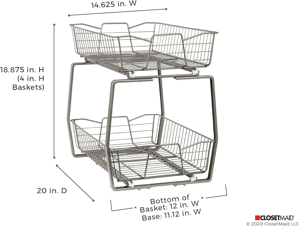 ClosetMaid 14 in. Pull Out Cabinet Organizer, 2 Tier, Heavy Duty, Slide Out Pantry Shelves Drawers for Kitchen, Bathroom, Nickel