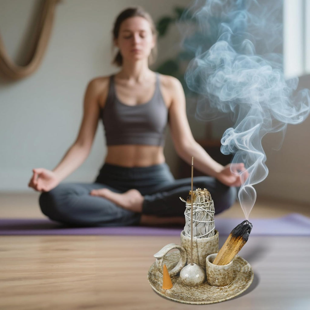 5 in 1 Ceramic Tabletop Incense Burner Holder for Palo Santo , Sage, Cones