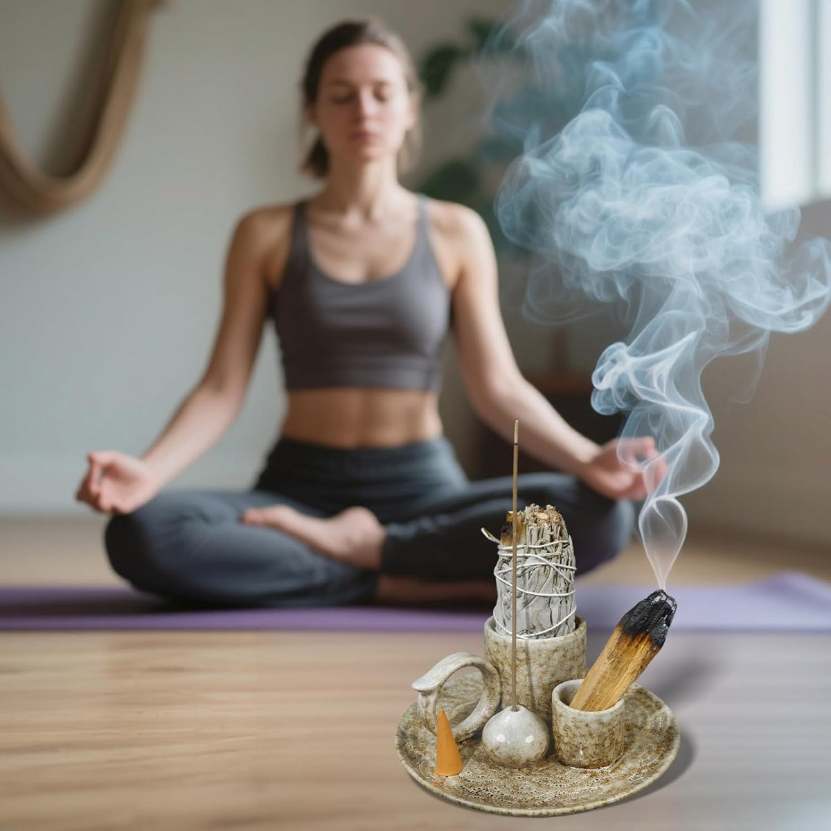 5 in 1 Ceramic Tabletop Incense Burner Holder for Palo Santo , Sage, Cones