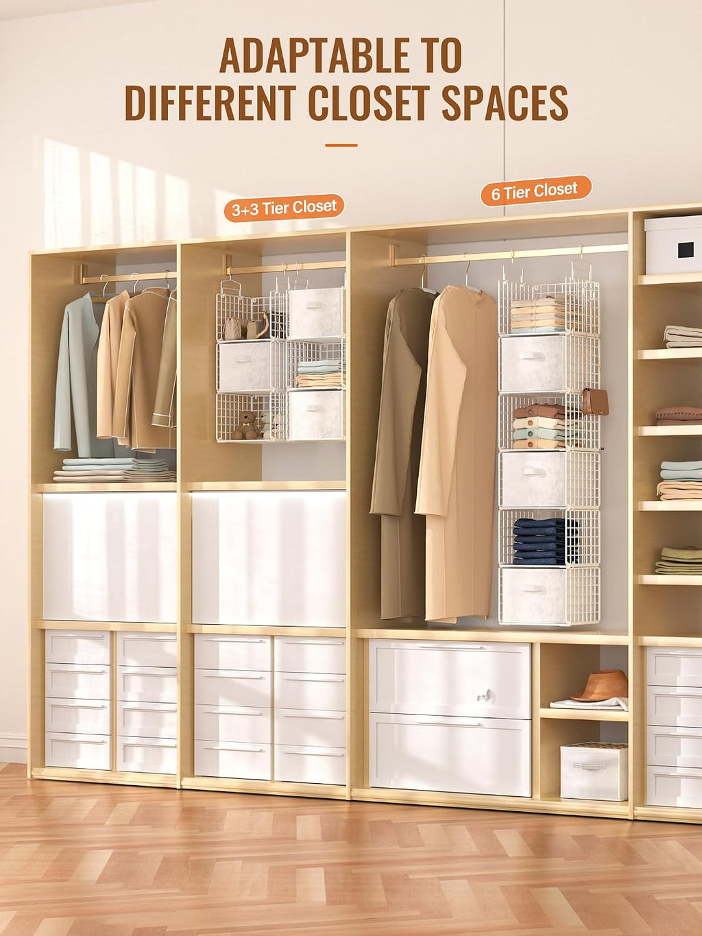 Closet Hanging Organizer with Drawers, 6 Tier Metal Closet Organizers and Storage with 4 Hanging Hooks 4 S-Hooks for Wardrobe Laundry Room, Wire Storage Shelf for Clothes Sweaters Pants (White)