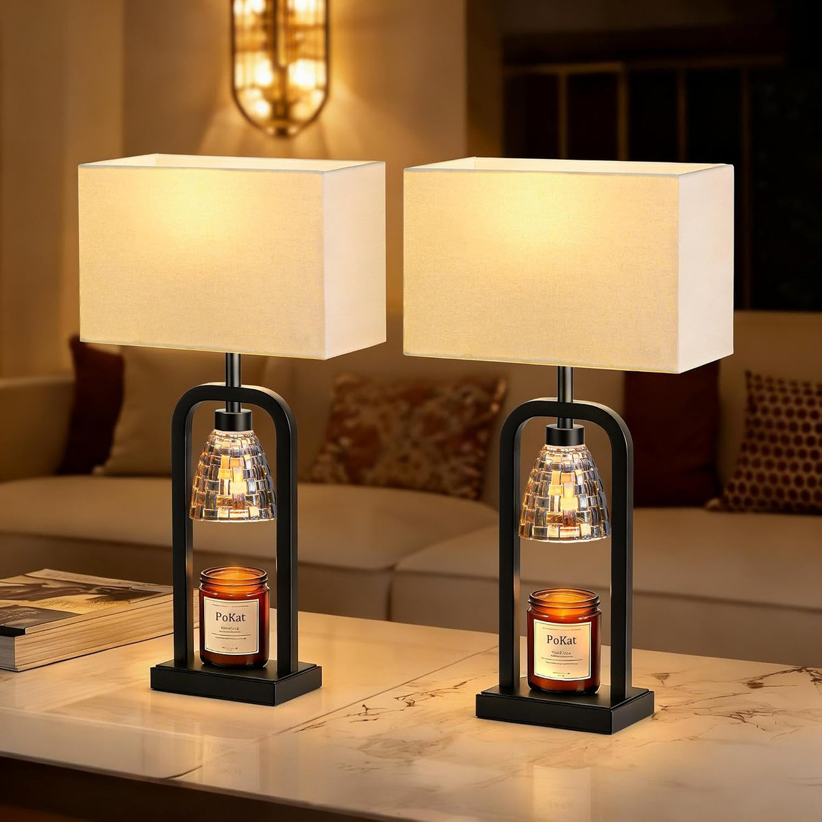 PoKat 21.5'' Matte Black Table Lamps Set of 2 with Candle Warmer & Gift Box