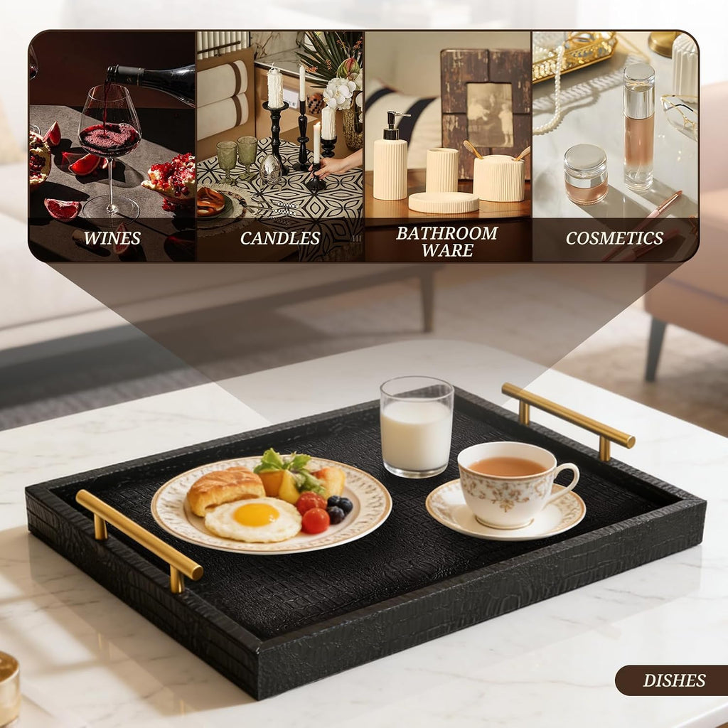 SXNOWS Faux Leather Serving Tray with Gold Handles, Black