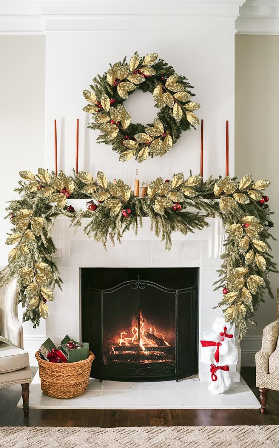 Hollyone Christmas Tree Picks and Sprays 3Pcs Gold Artificial Magnolia Stems Magnolia Leaves Branches Fake Gold Leaf Floral for Vase DIY Xmas Tree Garland Wreath Centerpieces Wedding Decor
