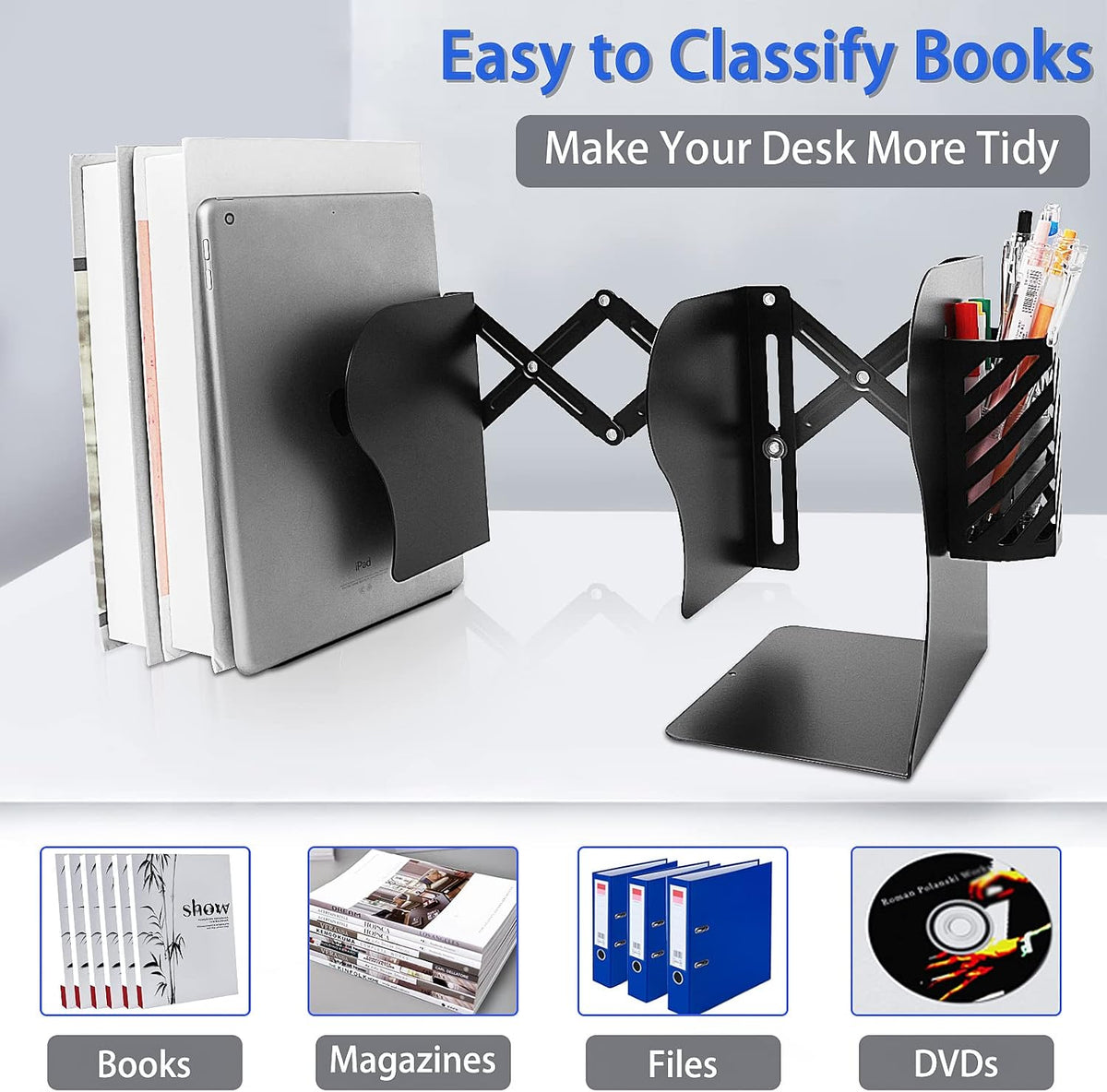 2PCS Heavy Duty Book Ends to Hold Books with Pen Holder, Adjustable Bookends, Metal Book Ends for Shelves, Black Book Holders Binder Organizer for Bookshelf Desk
