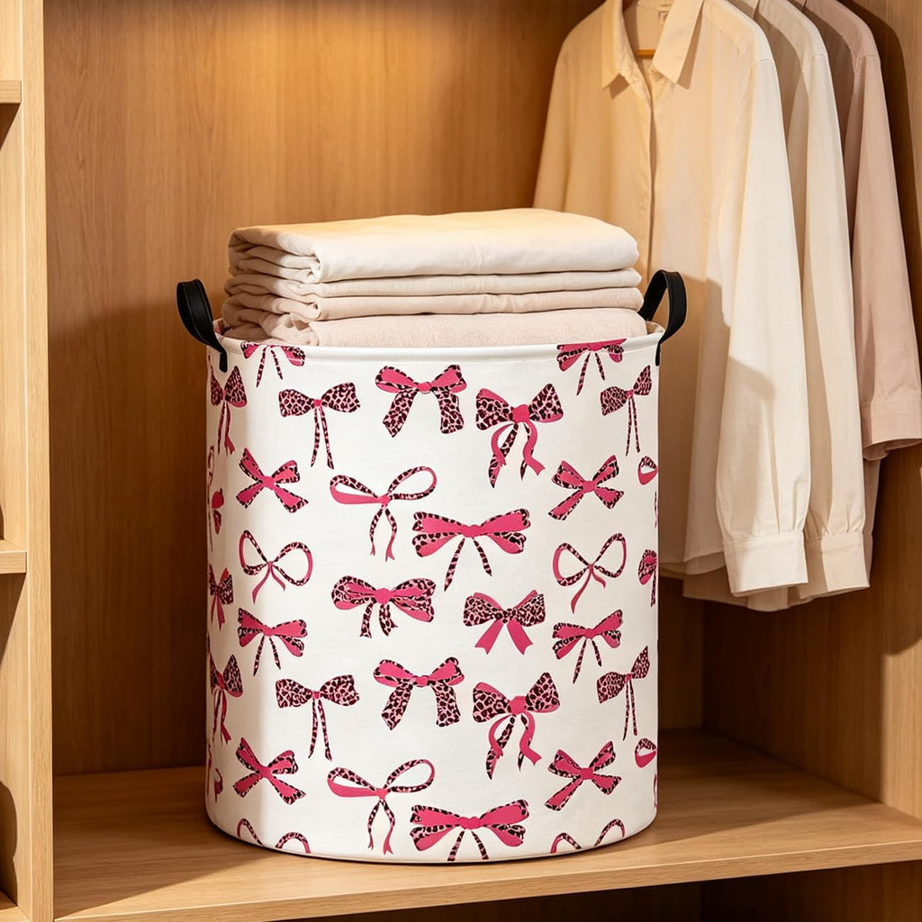 19.7" Laundry Basket,Dirty Clothes Hamper,Waterproof Storage Bin,Room Decor,Gift Baskets(New Leopard Print Bow)