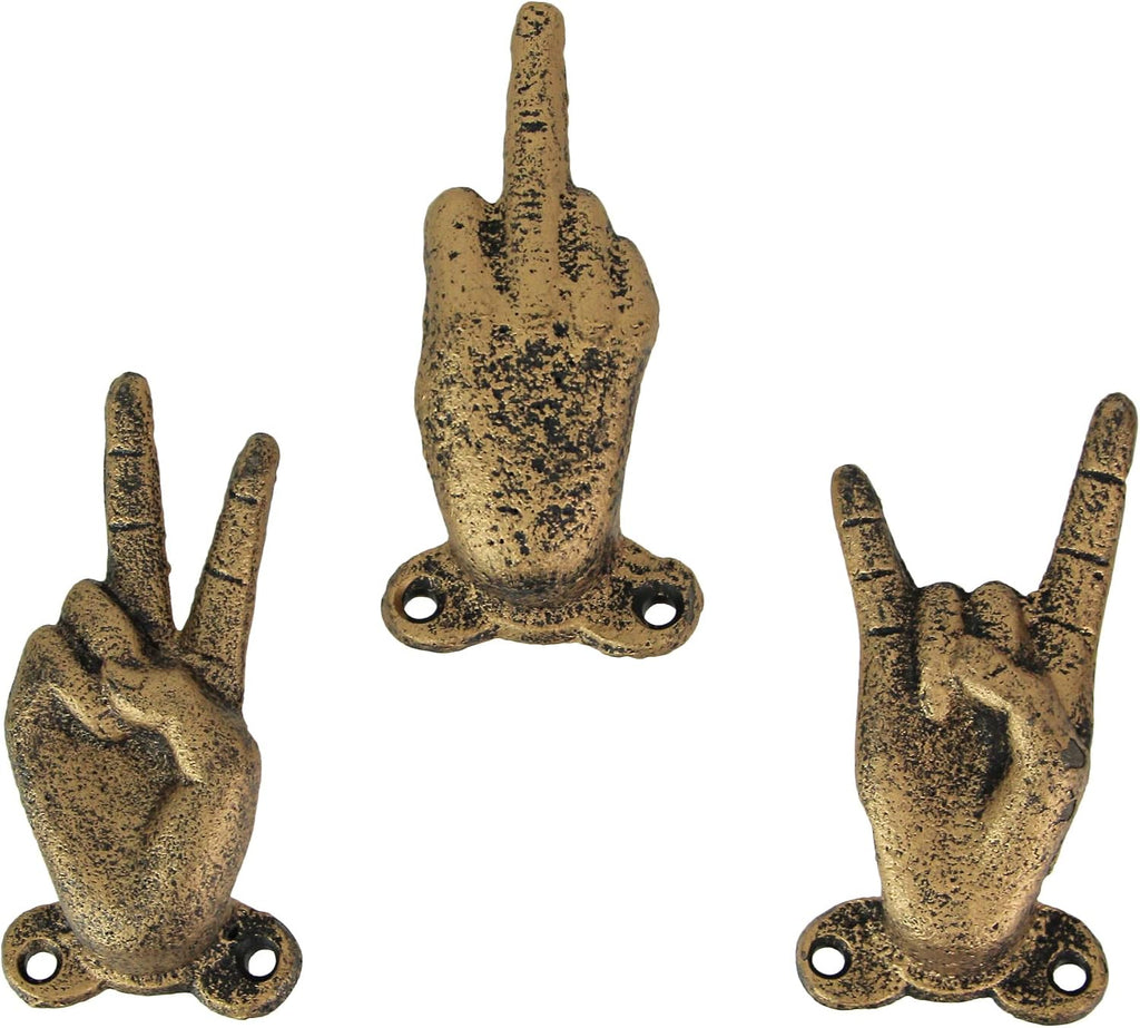 Zeckos Set of 3 Hand Gesture Wall Hooks, Gold Cast Iron Peace Set, 4 Inch