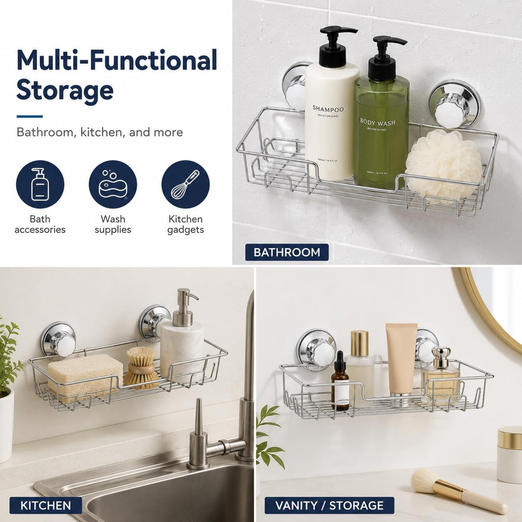 iPEGTOP Strong Suction Cup Adhesive Shower Caddy Bath Shelf Storage with Hooks, Combo Organizer Basket for Shampoo, Conditioner, Soap, Razor Bathroom Accessories - Rustproof Stainless Steel
