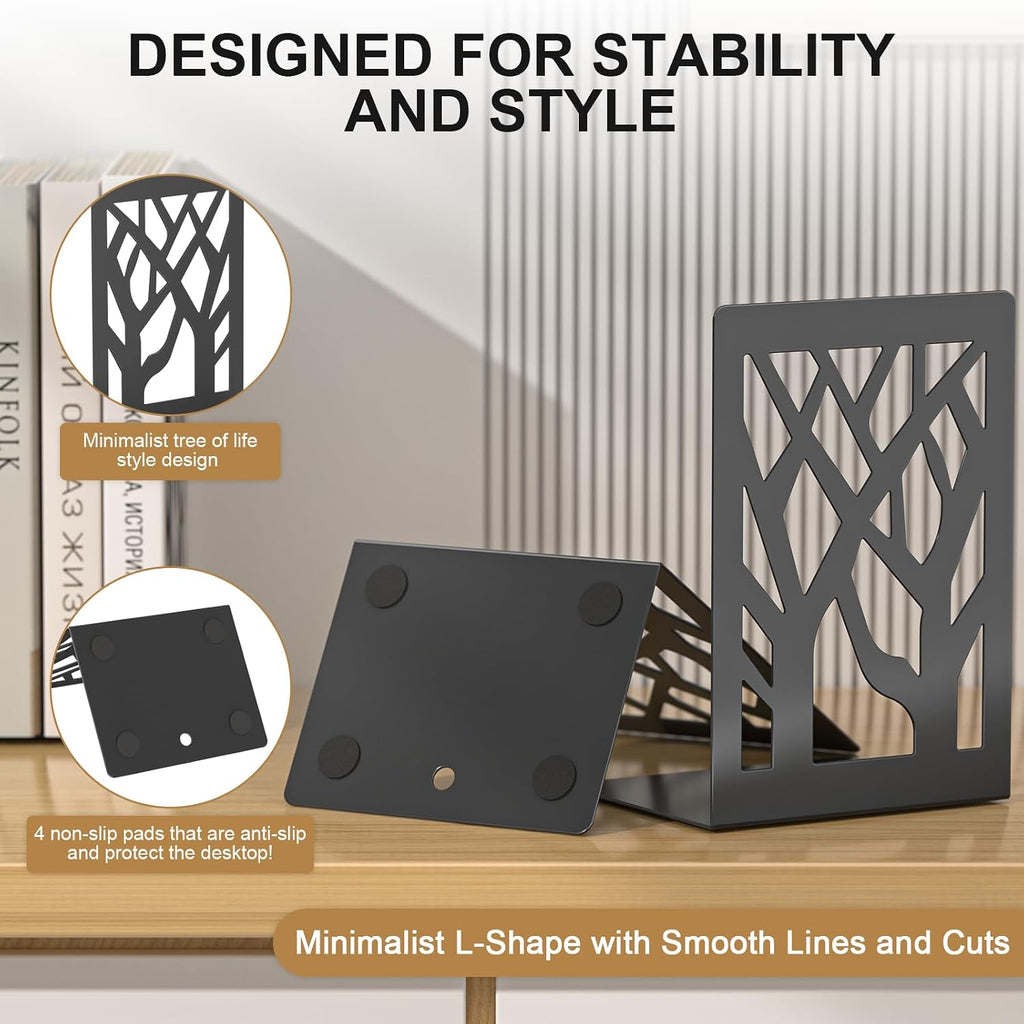 Bookends 8 Pieces, Tree Design Modern Metal Bookends for Shelves, Black Tree Book Ends Decorative Book Organizer for Desk, Decorative Shelve Book Stopper for Home Office