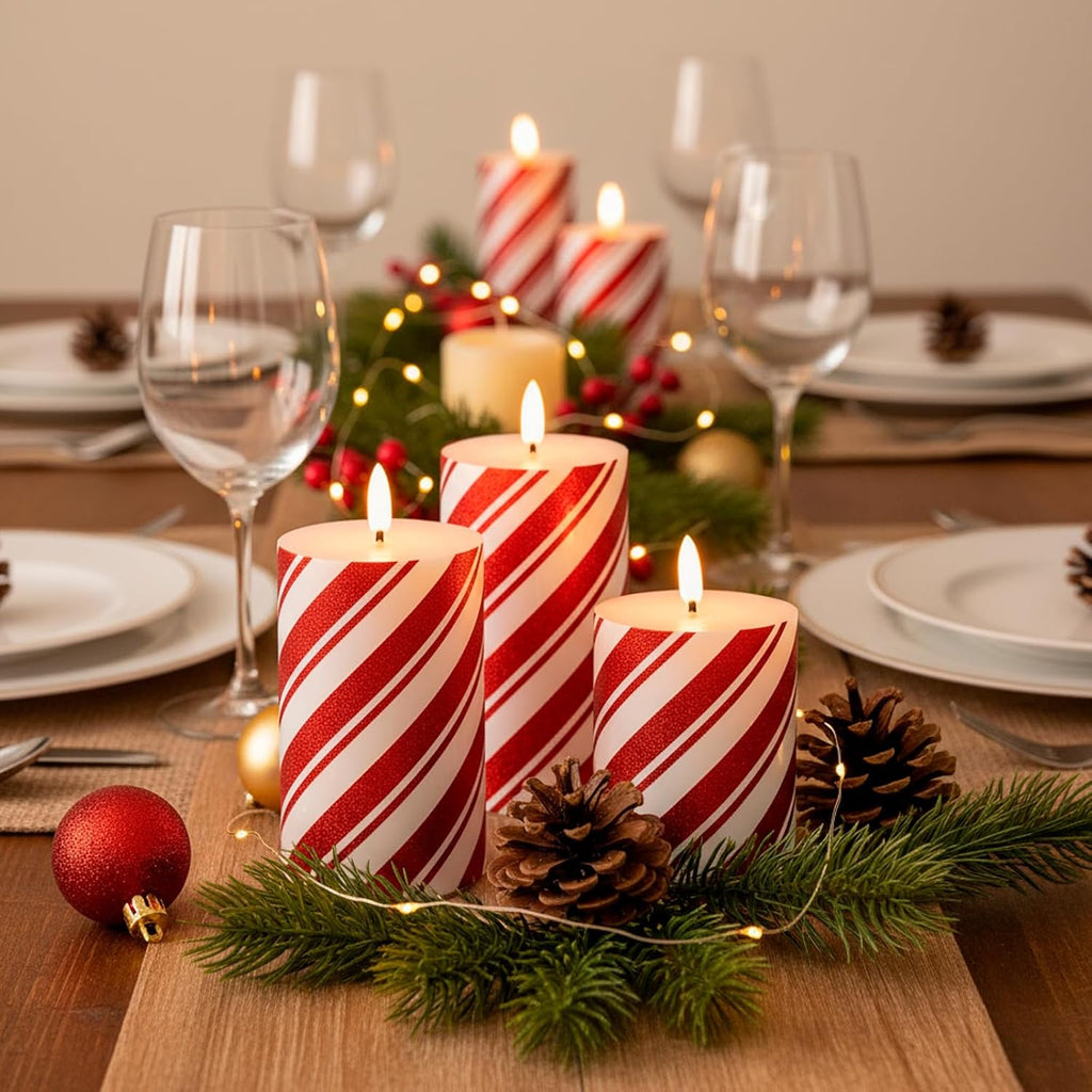 Red Stripe Glitter LED Pillar Candles, Battery Operated Real Wax Flameless Candles for Christmas Holiday Home Party Decor, Set of 3 (D3 x H4 5" 6")