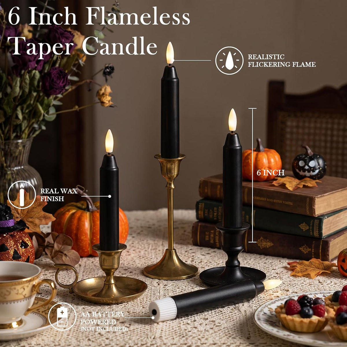6Inch Flameless Taper Candles with 2 Remote & Timer, Black