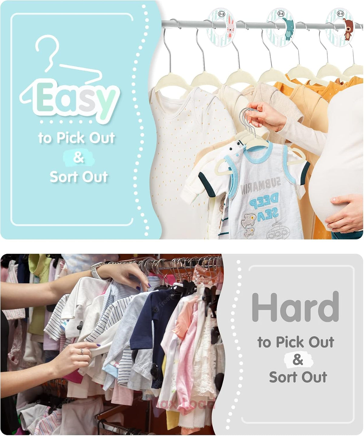 VIS'V Velvet Baby Hangers with 6 Pcs Size Dividers, 11 Inch, Beige, 30 Pcs