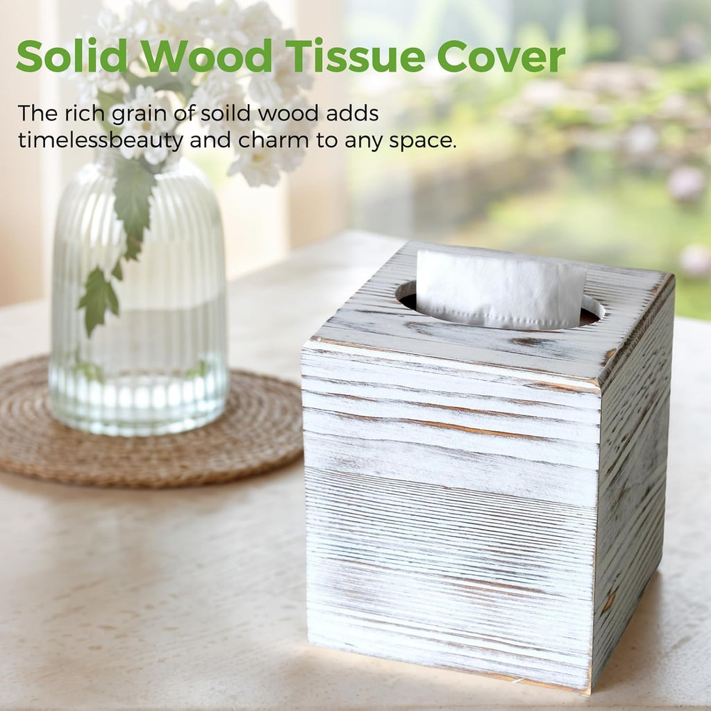 White Wood Tissue Box Cover, Square Wooden Tissue Box Holder for Bathroom