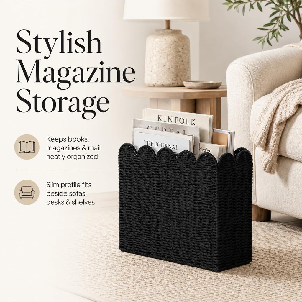 Black Paper Rope Magazine Holder, Scalloped Magazine Basket