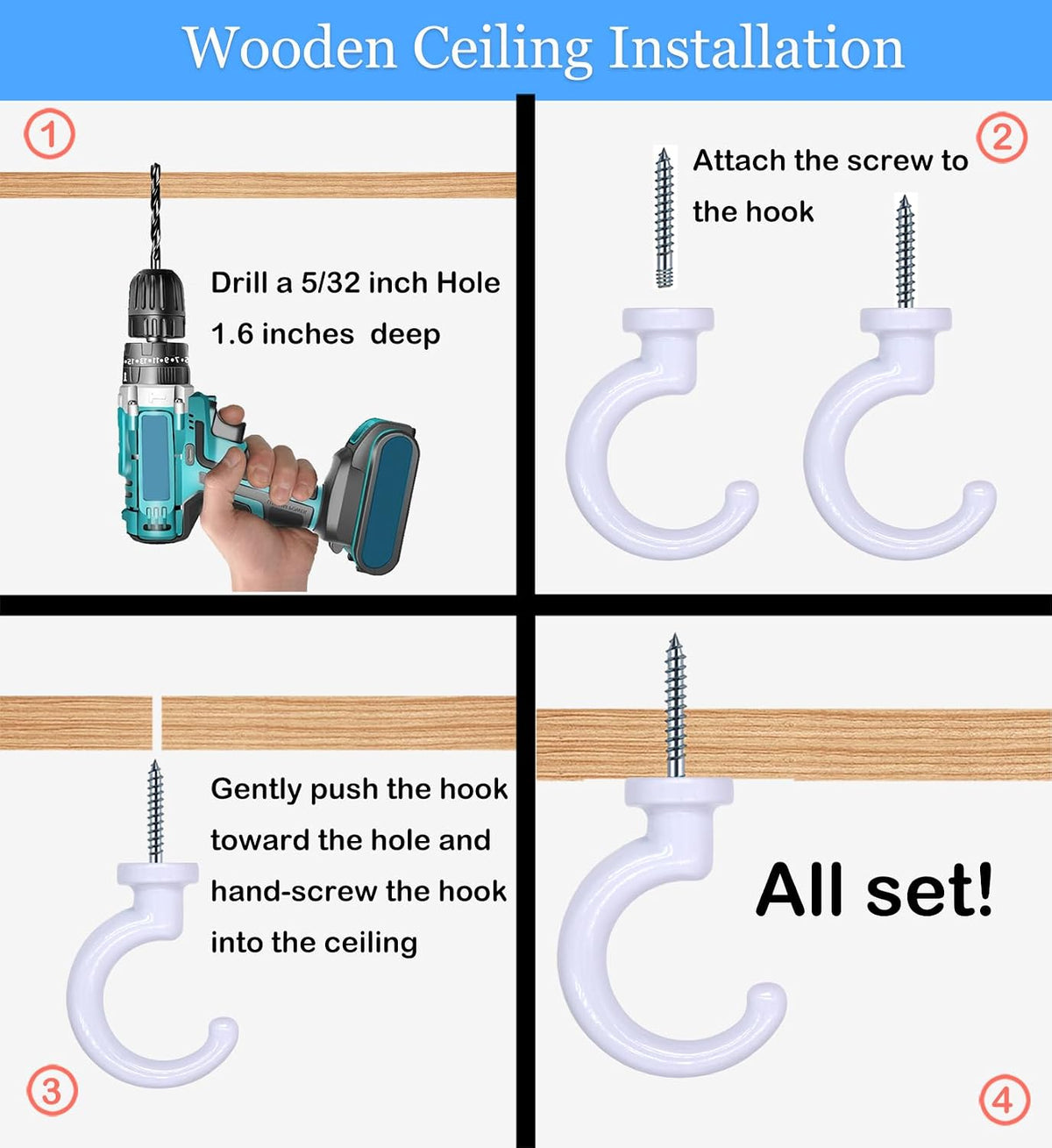 Heavy Duty Ceiling Hooks, Hanging Plants, Hanger Kit (4, White)