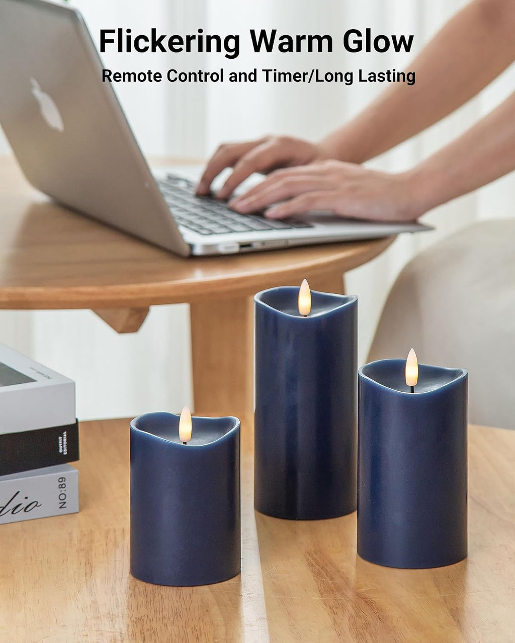 Navy Blue Real Wax Flameless Pillar Candles with Remote and Timer, Set of 3