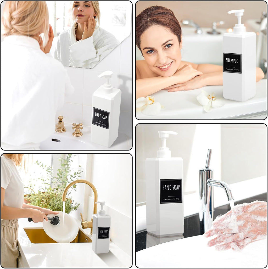 Segbeauty 33.8oz Plastic Soap Dispenser Bathroom, 2pcs Sqaure Body Wash Container Empty, 1000ml White Leakproof Hand Soap Dispenser, Large Pump Bottles for Shampoo and Conditioner with Labels