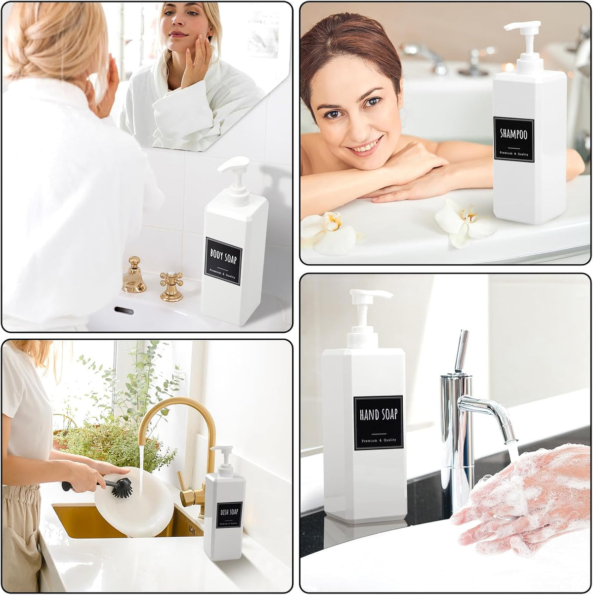 Segbeauty 33.8oz Plastic Soap Dispenser Bathroom, 2pcs Sqaure Body Wash Container Empty, 1000ml White Leakproof Hand Soap Dispenser, Large Pump Bottles for Shampoo and Conditioner with Labels