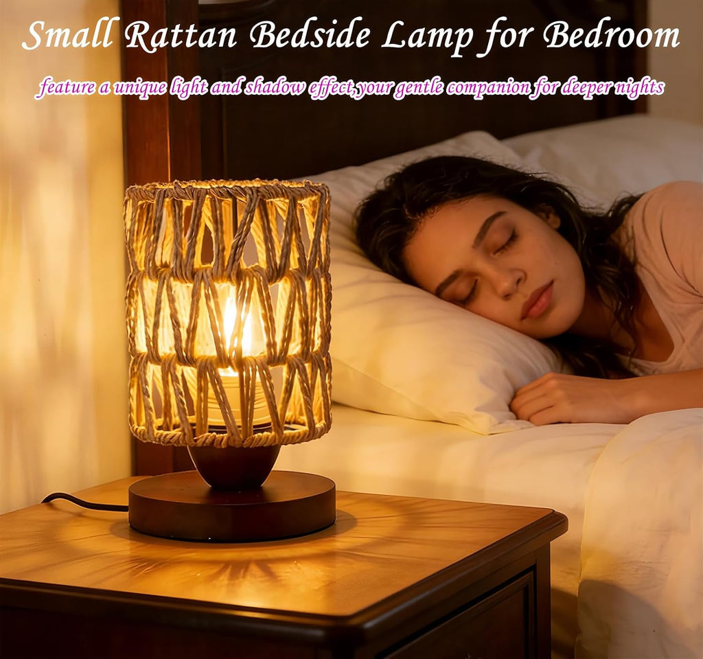 Boho Rattan Table Lamp,Dimmable Bamboo Small Bedside Lamp for Bedroom Decor